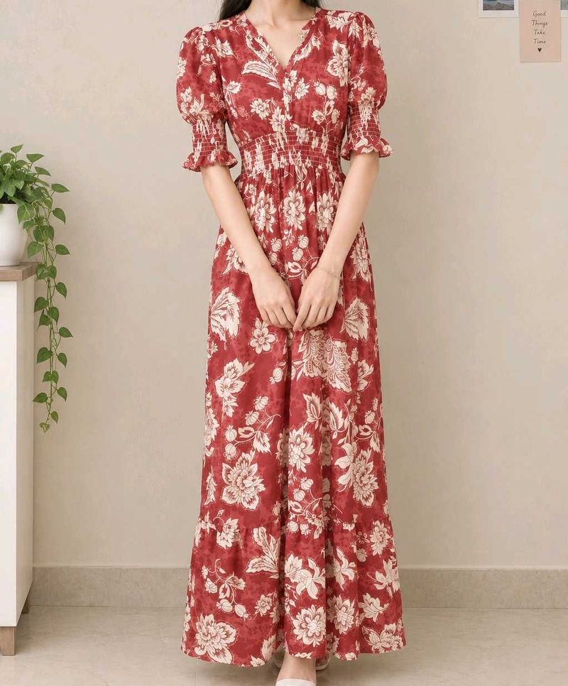 Red Floral Maxi Dress with Puff Sleeves