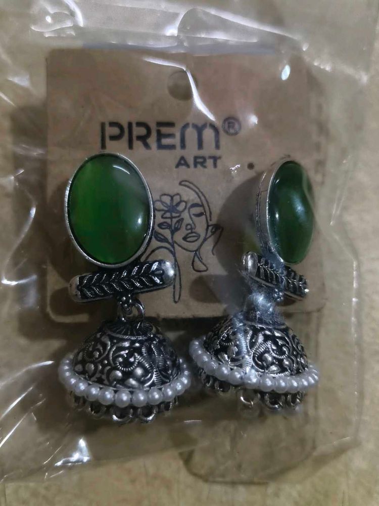 Elegant Jhumka Earrings with Green Stone