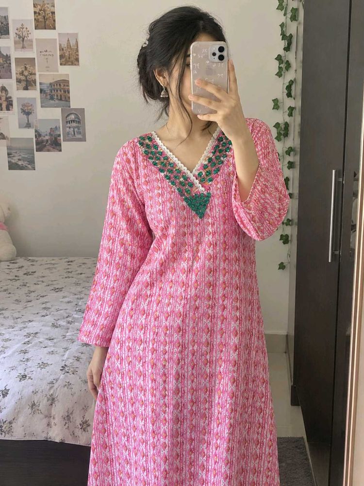 Pink Printed Kurta with Embellished Neckline