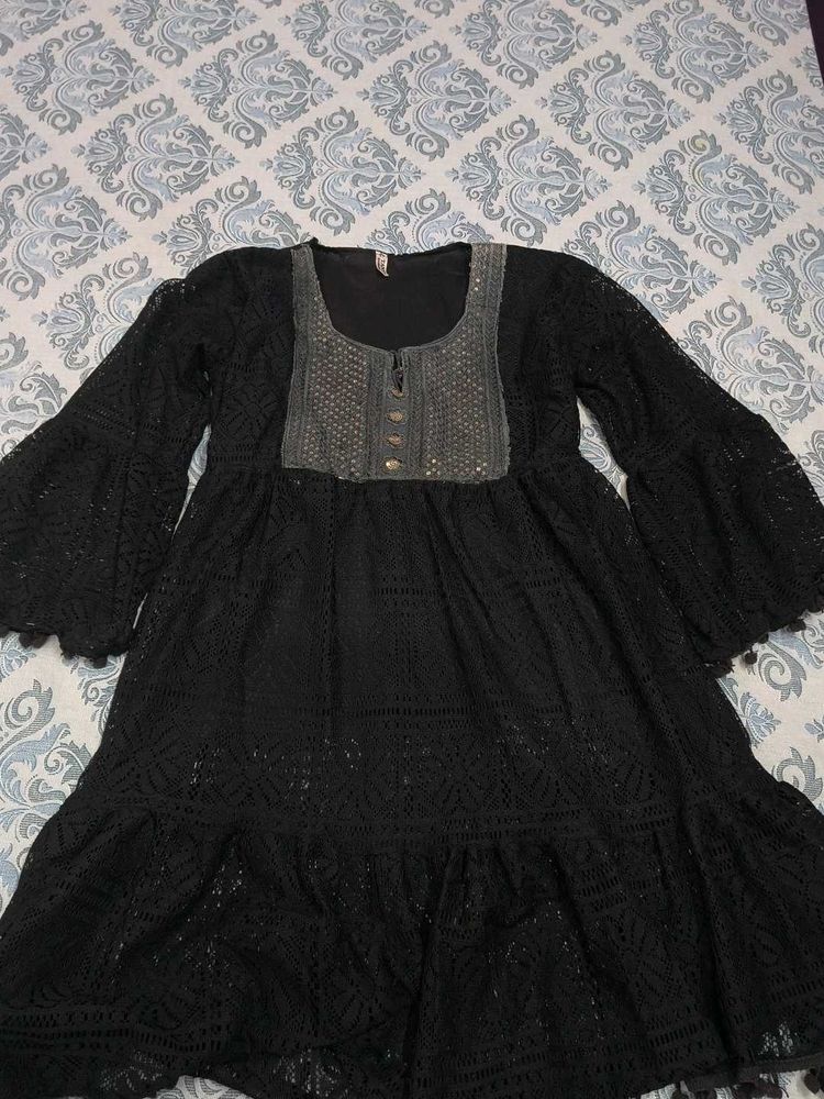 Black Lace Bell Sleeve Dress