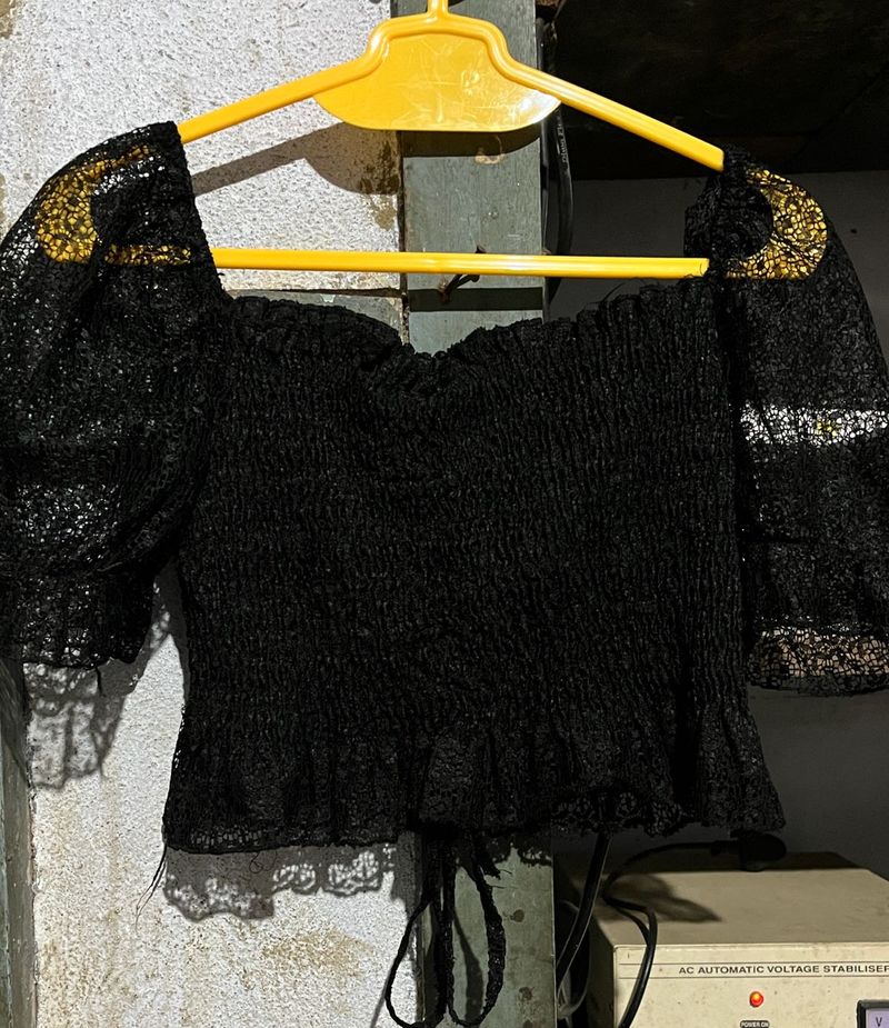 Black Lace Puff Sleeve Top
