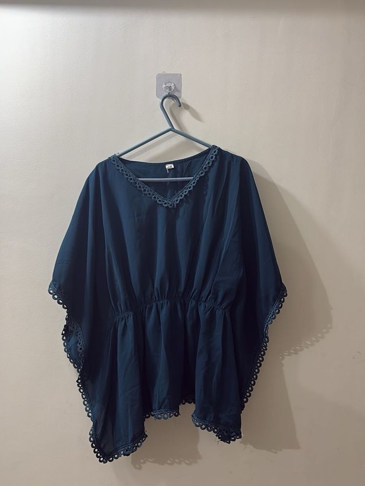 Elegant Teal Kaftan Top with Lace Trim
