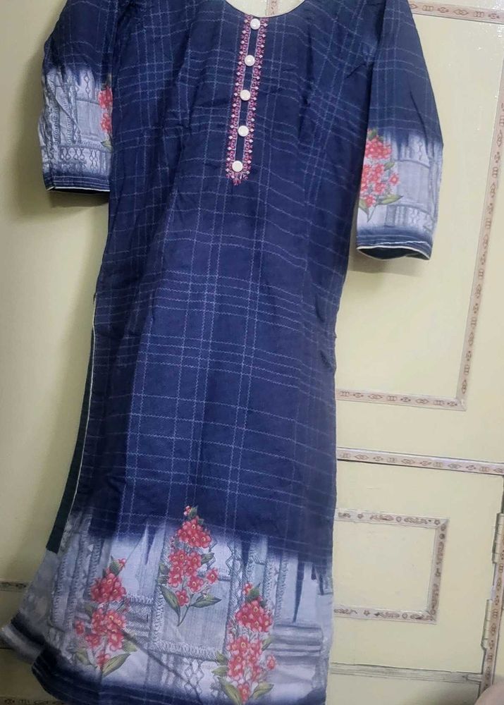 Blue Checkered Kurta with Floral Border