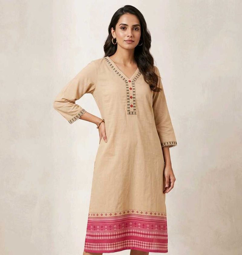 Elegant Beige Kurta with Pink Border