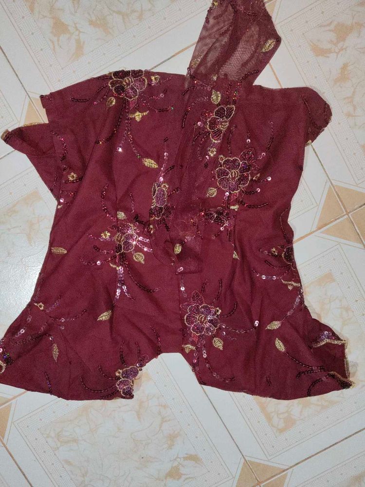 Sequin Embellished Burgundy Hooded Top