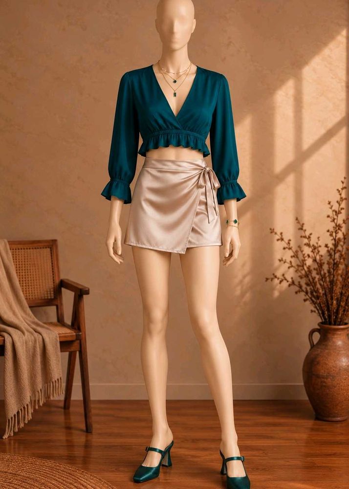 🌿 Midnight Green Ruffled Peplum Crop Top