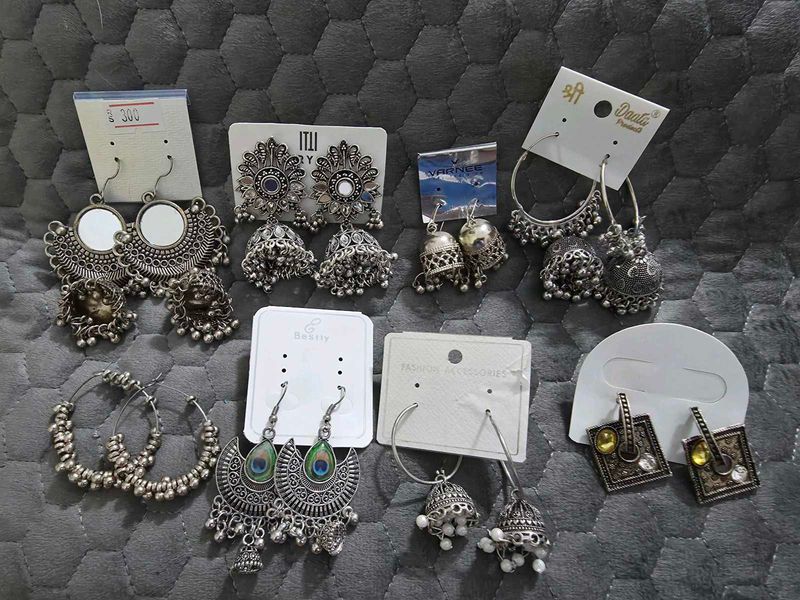 set of 8 Assorted Oxidized Silver Jhumka Earrings