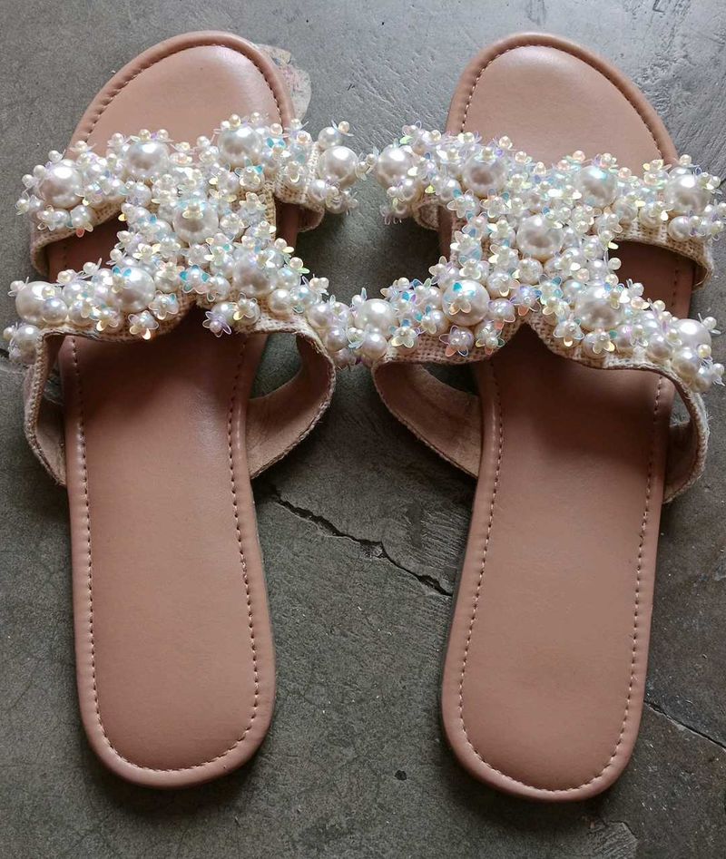Women's Embellished Pearl Slides/Flats