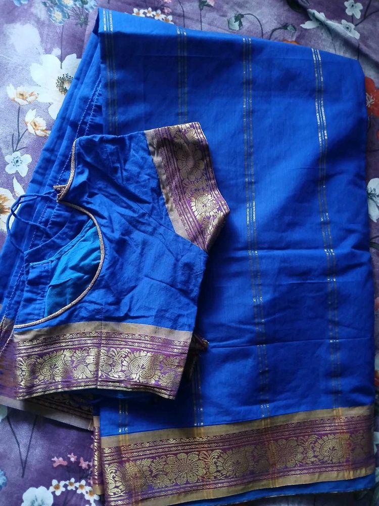 Blue Cotton saree with Blouse