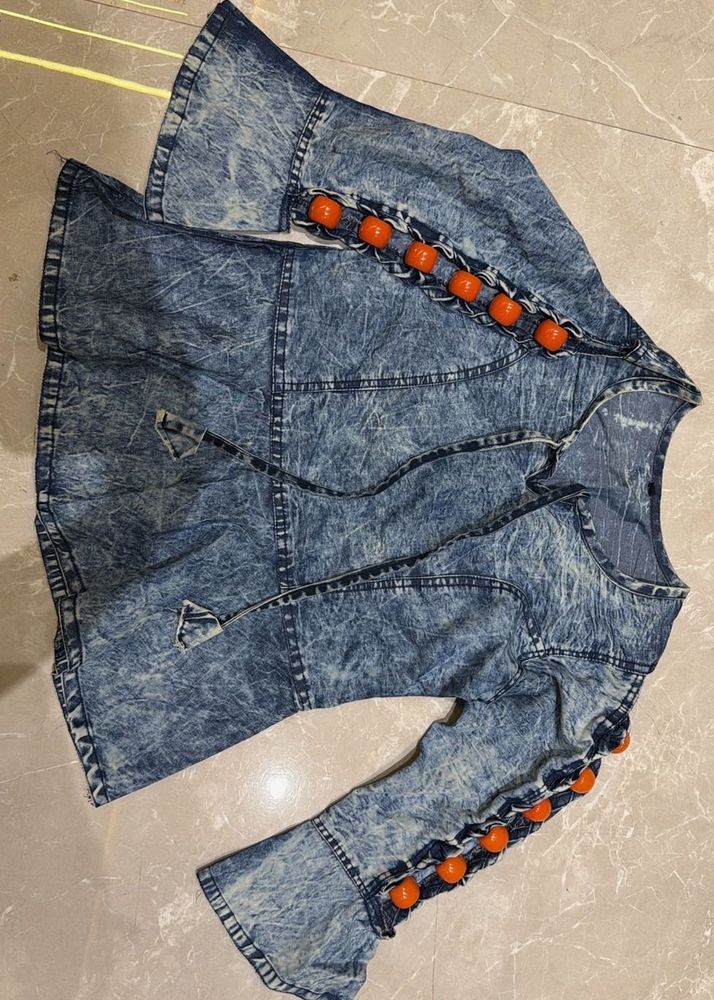 Denim Bell Sleeve Tunic with Orange Embellishments