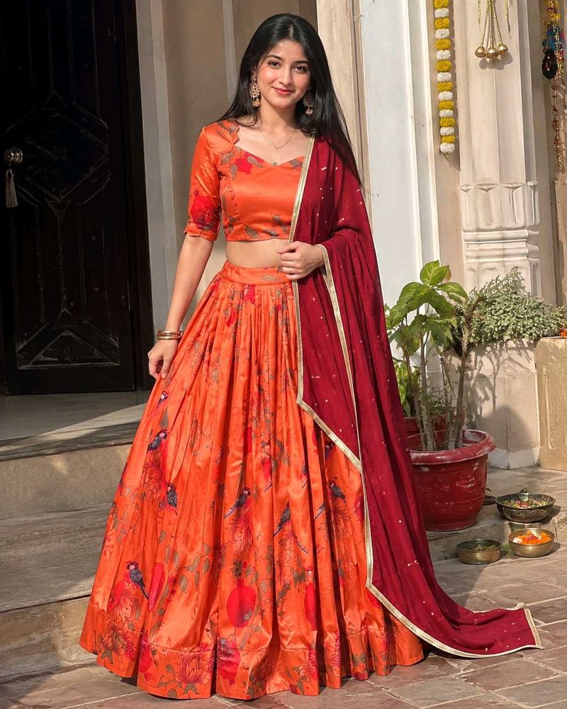Vibrant Orange Printed Lehenga Choli Set
