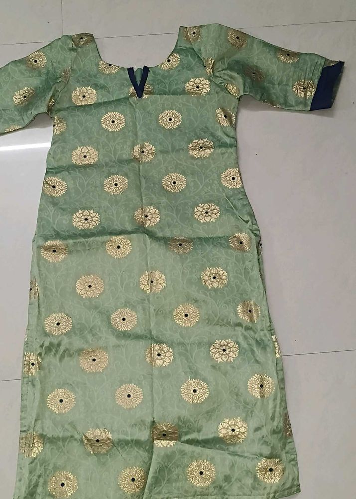 Green Brocade Kurta with Gold Print
