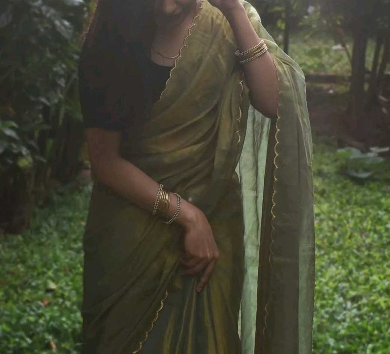 Green Tissue Silk Saree with Scallops border