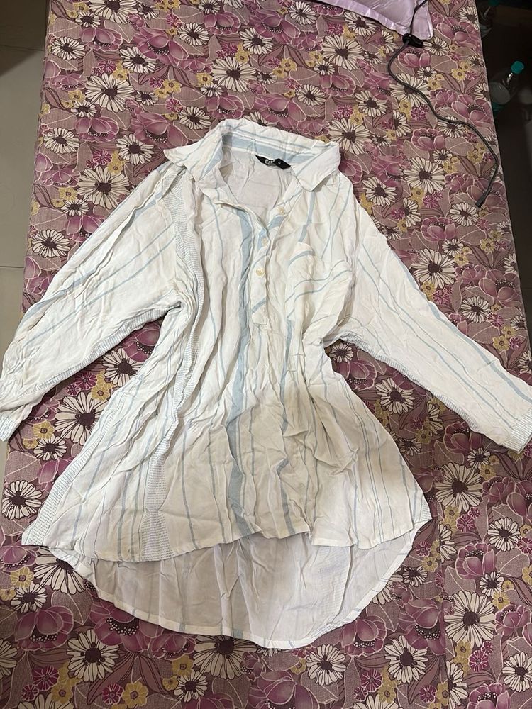 Striped Button-Up Tunic Long Shirt
