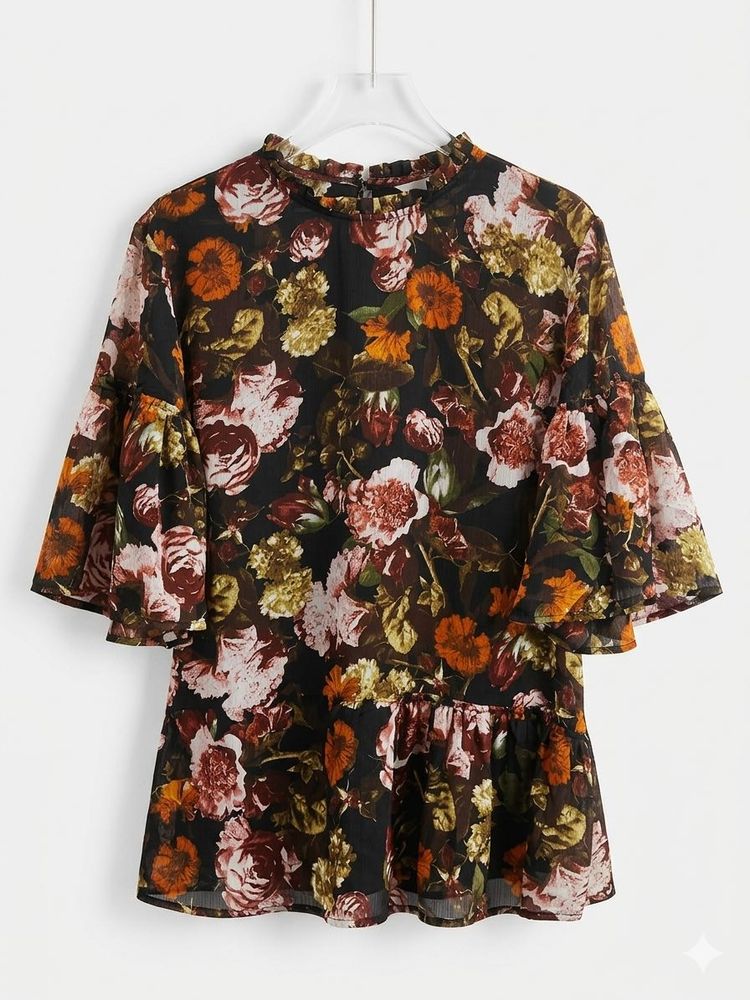 Floral Print Ruffle Sleeve Top