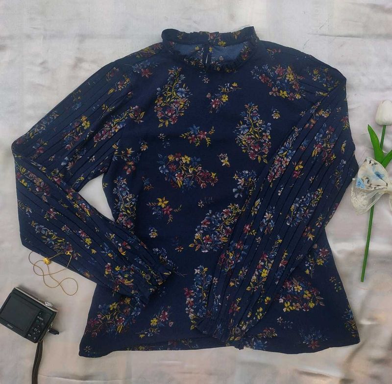 Navy Floral Print Mock Neck Top