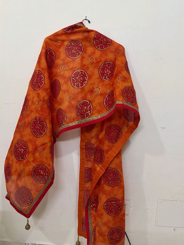 Vibrant Orange &amp; Red Circular Print Dupatta