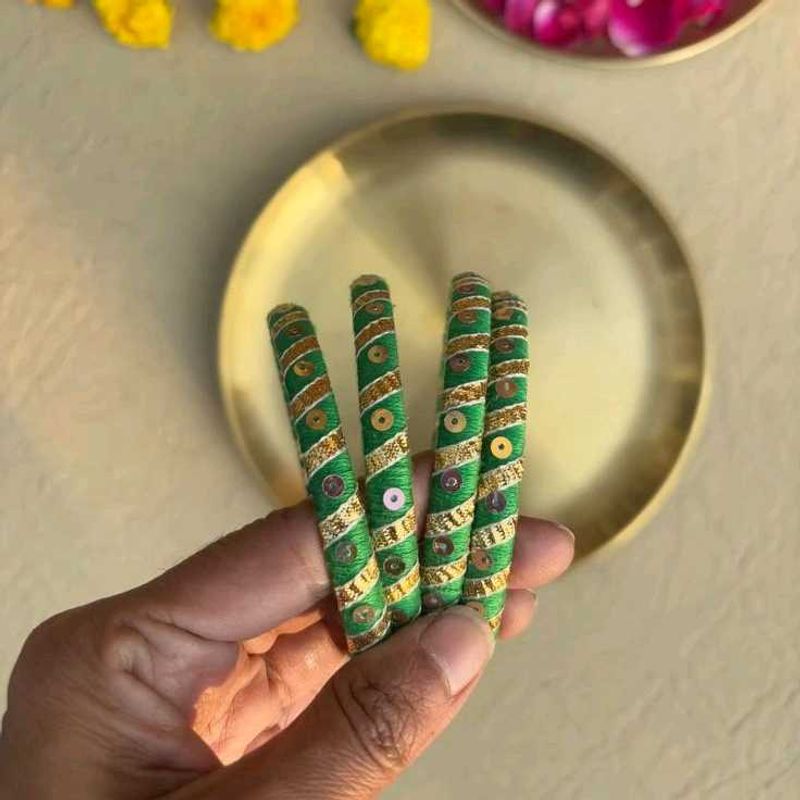 Green &amp; Gold Threaded Bangles - Set of Four