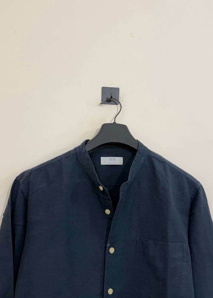 Men's Band Collar Navy Shirt