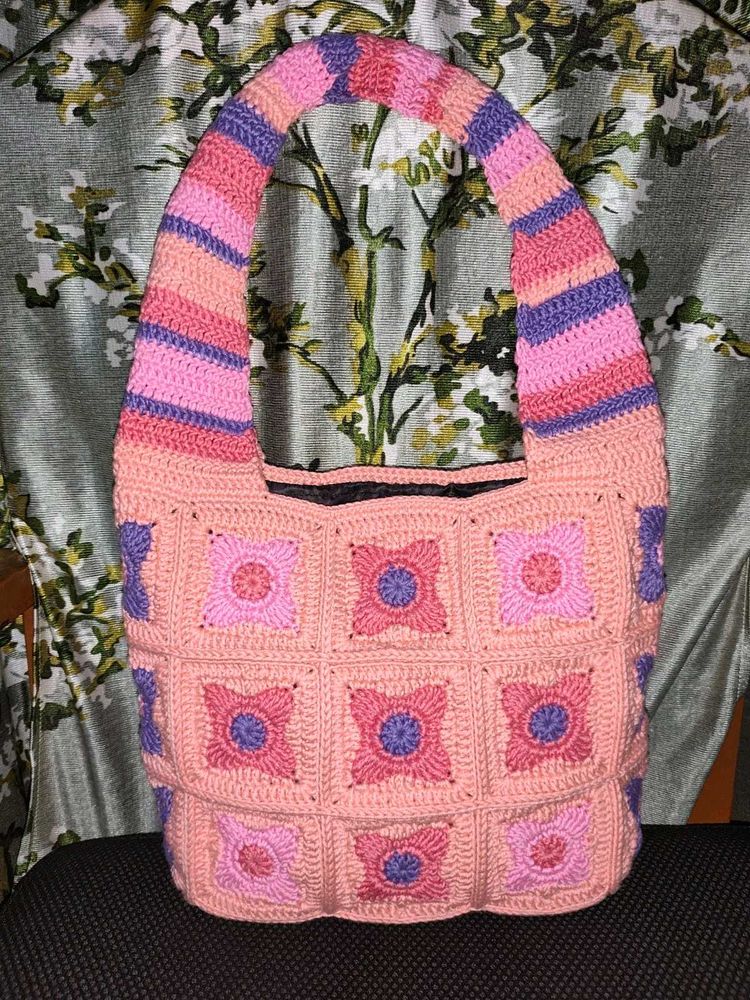 Pure cotton Crocheted Granny Square Shoulder Bag
