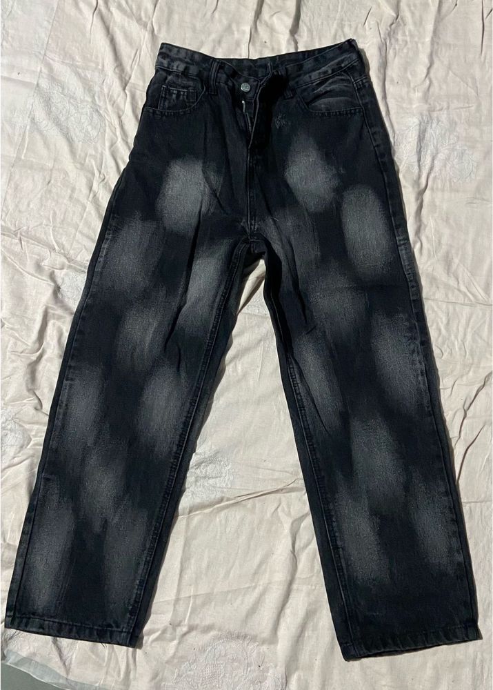 New Distressed Black Denim Wide Leg Jeans