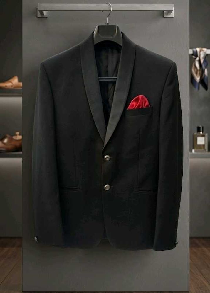 Classic Black Blazer with Red Pocket Square