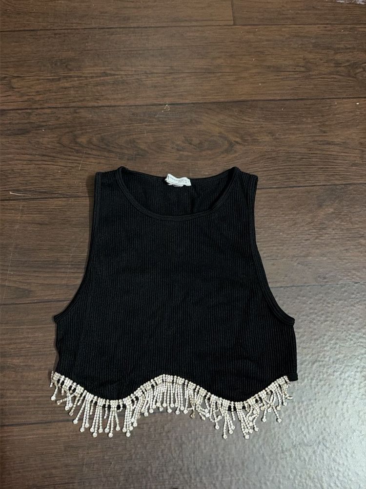 Black Rhinestone Fringe Crop Top