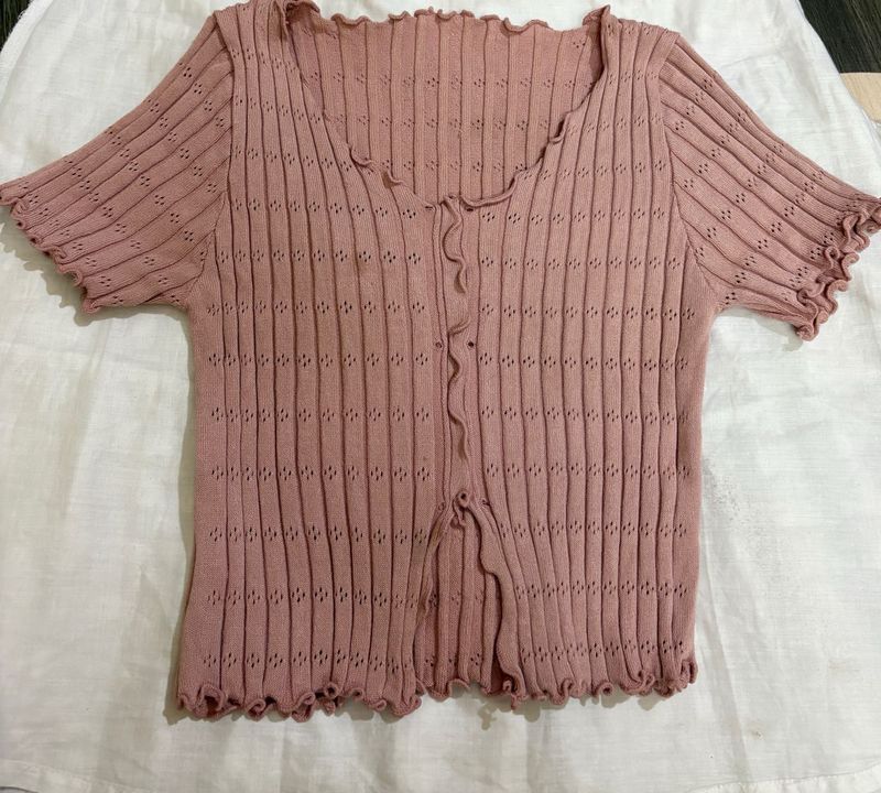 Cute Pink Ribbed Button-Up Cardigan