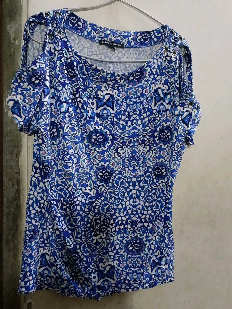 Blue Patterned Cold Shoulder Top