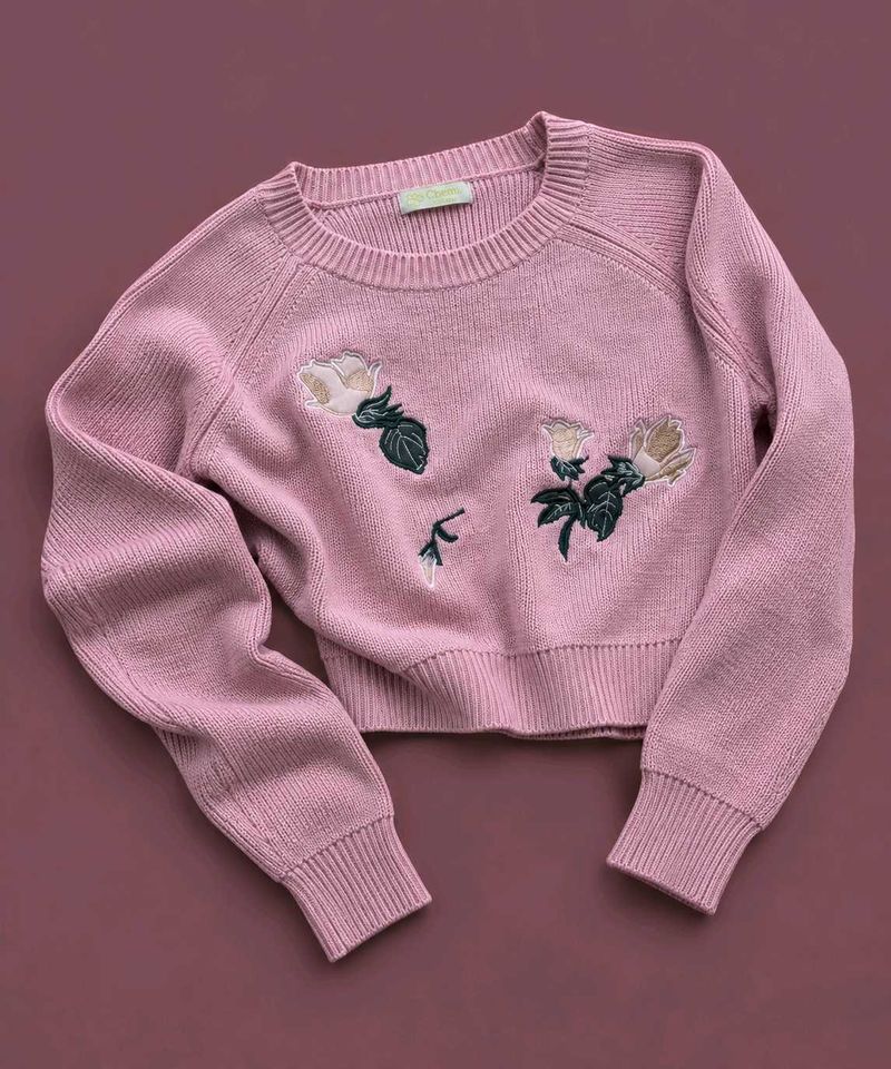 DUSTY PINK FLORAL EMBROIDERED CROPPED KNIT SWEATER