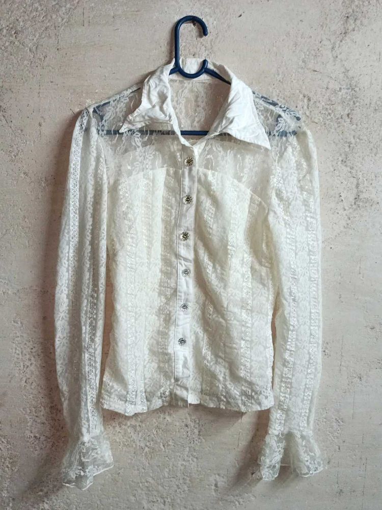 Partywear White Lace Shirt Blouse