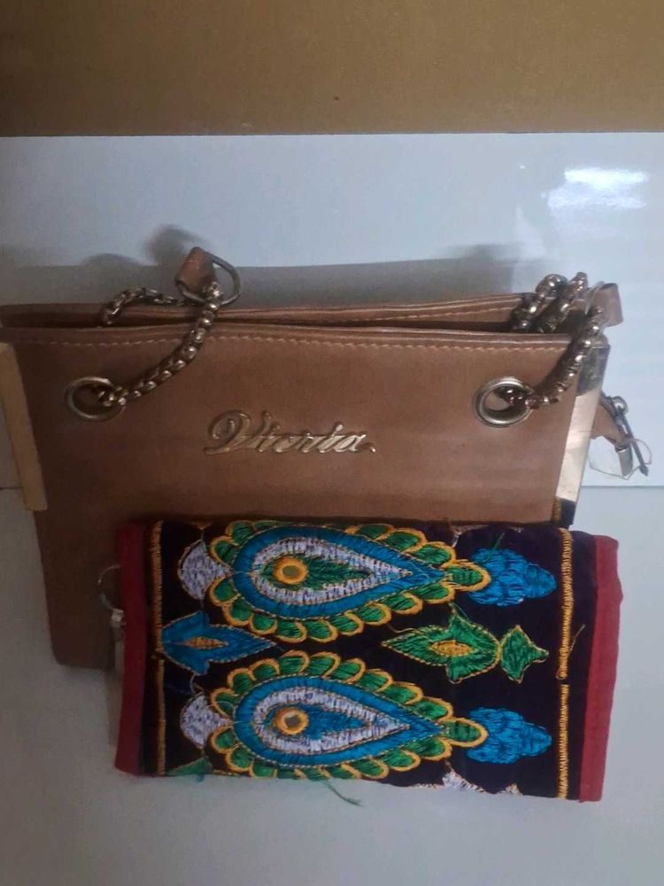 Stylish Tan Clutch with Embroidered Wallet
