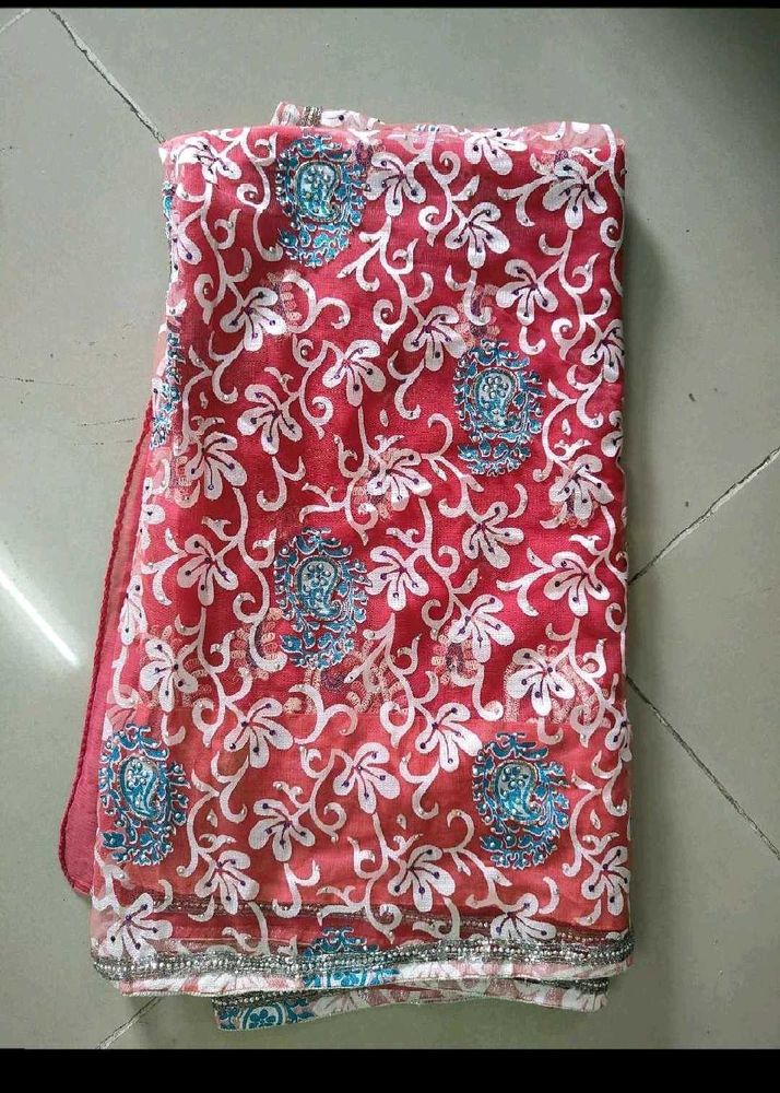 Red Saree with White &amp; Blue Print