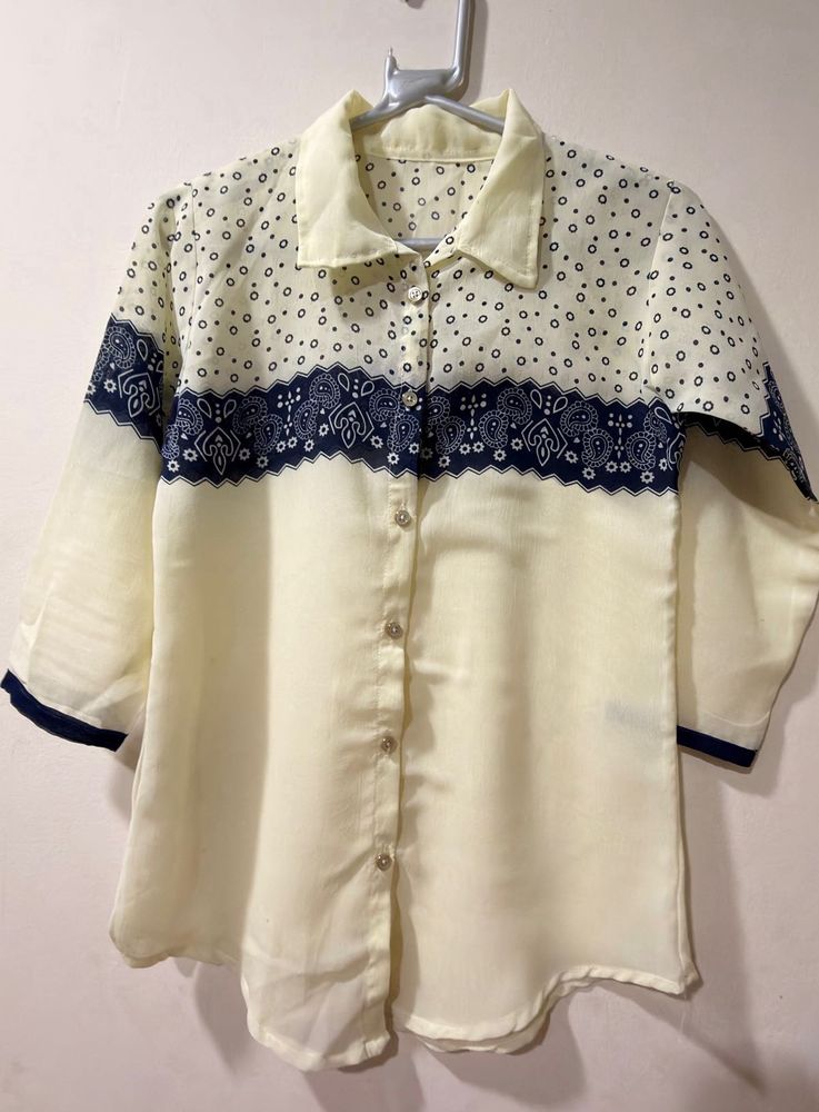Cream &amp; Navy Print Button-Up Shirt
