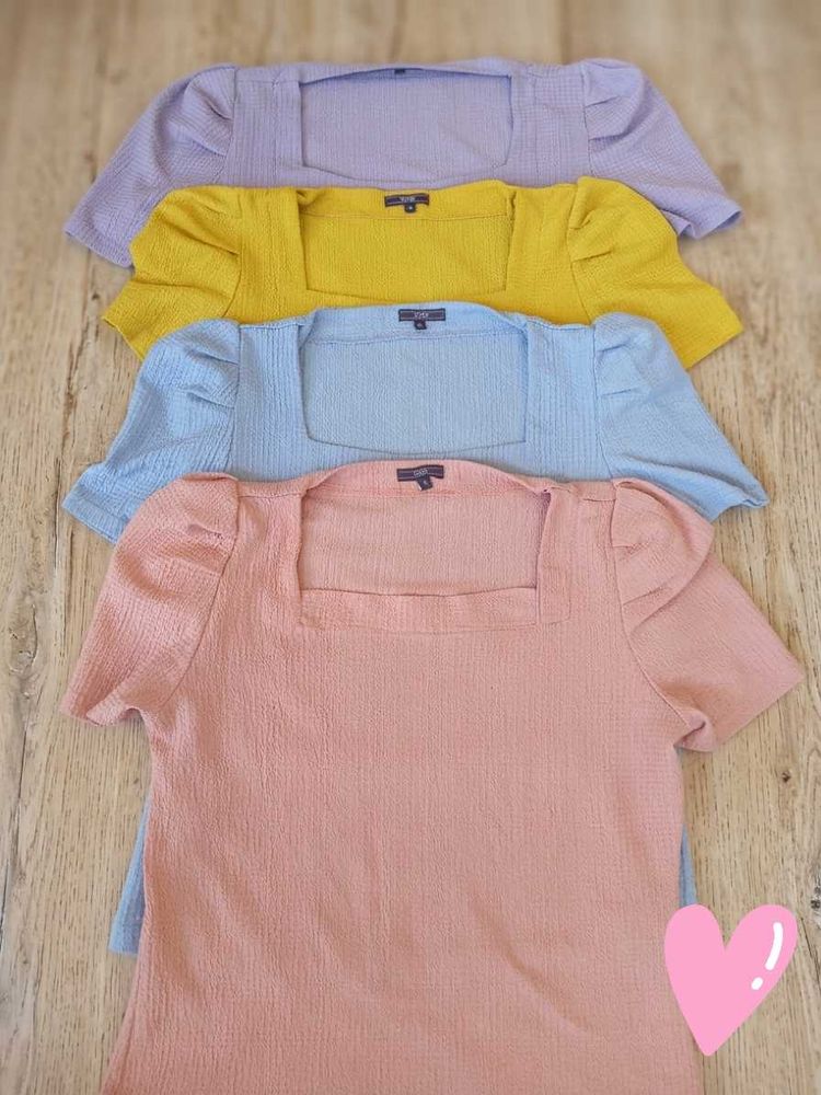 Pastel Puff Sleeve Square Neck Tops