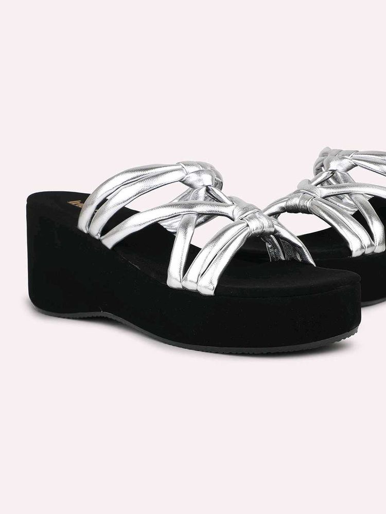 Silver Strapy Open Toe Wedge Heels With Knots