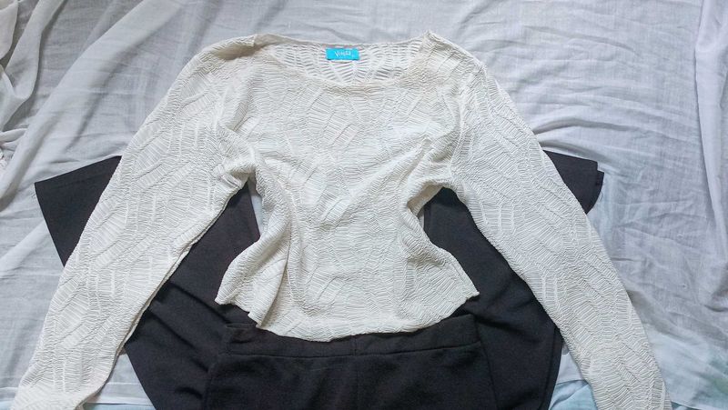 White Textured Long Sleeve Top