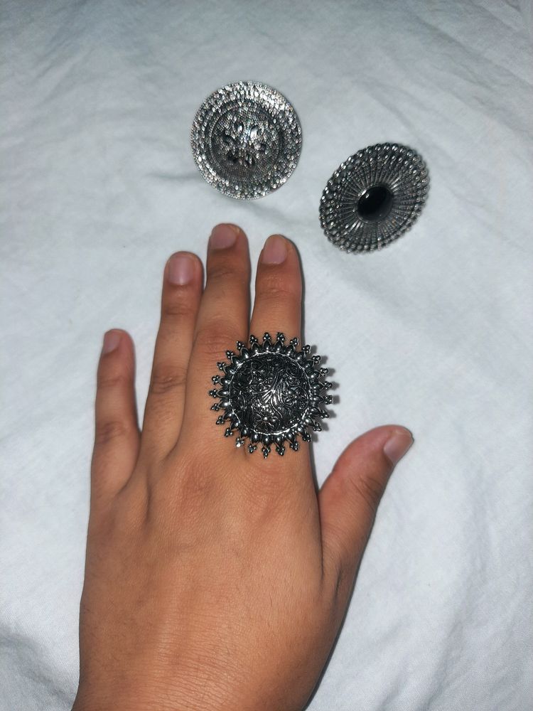 YouBella Jewellery Afghani Oxidised Silver Plated Combo of 3 Rings for Women and Girls (Adjustable Size)Style