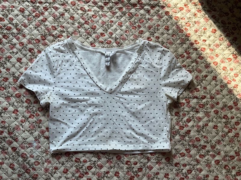 White Polka Dot V-Neck Cropped Top