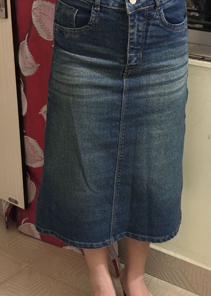 Classic Blue Denim Midi Skirt