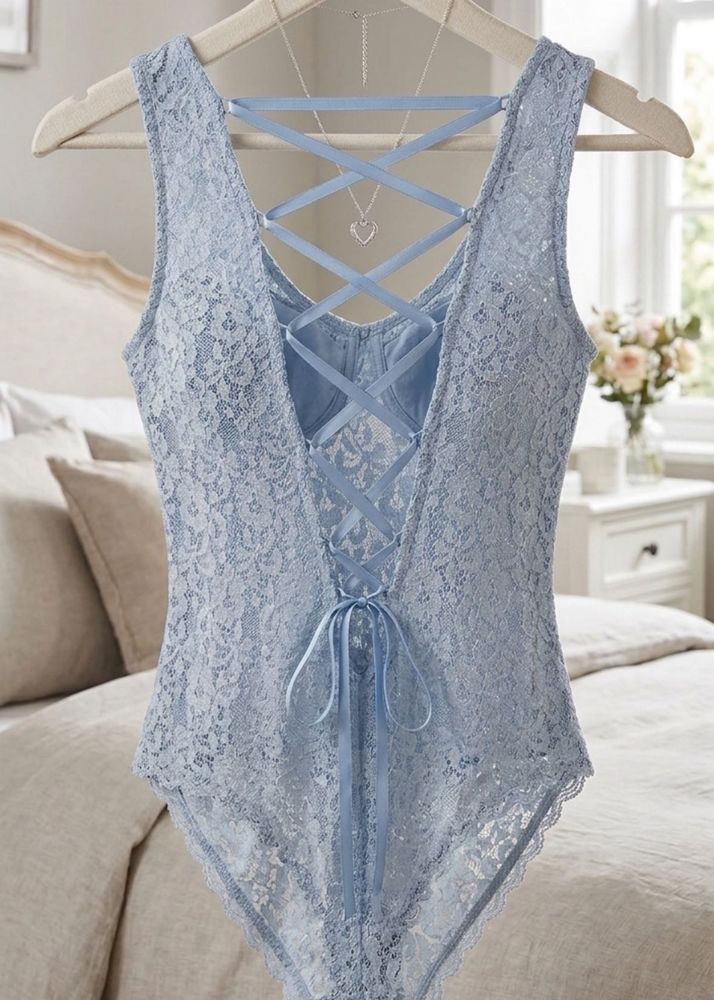 Sky Blue Criss Cross Back Lace Bodysuit