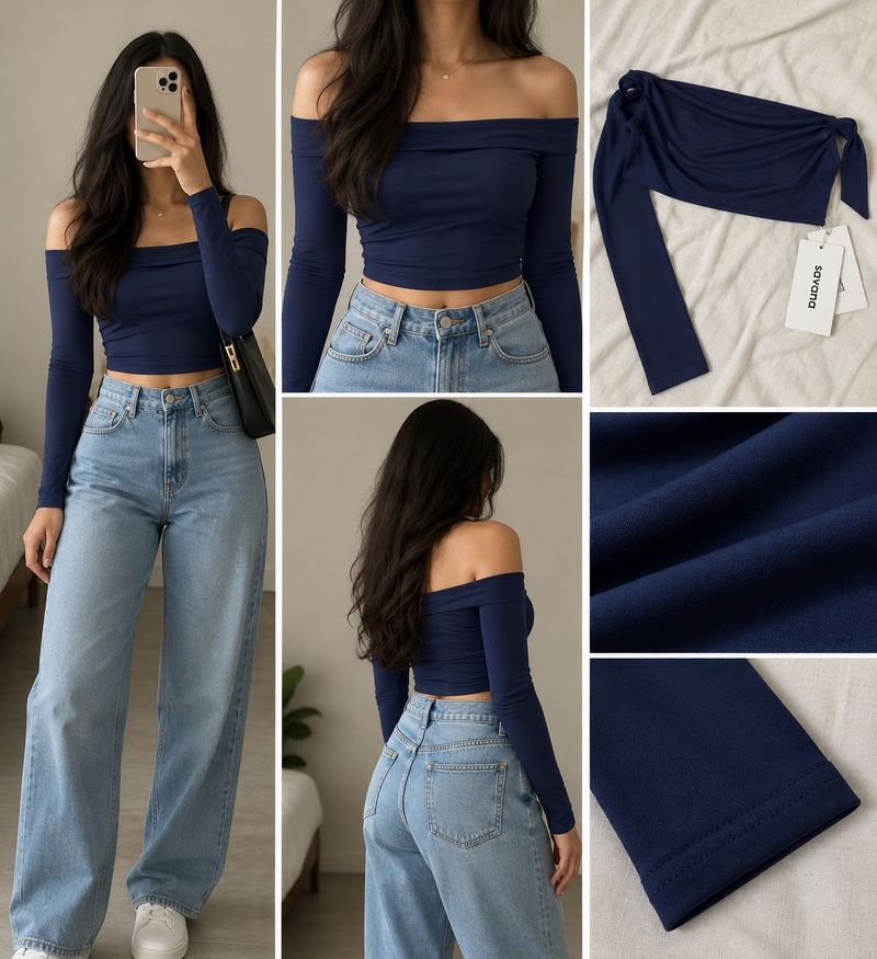 Savana Navy Blue Off-Shoulder Long-Sleeve Top