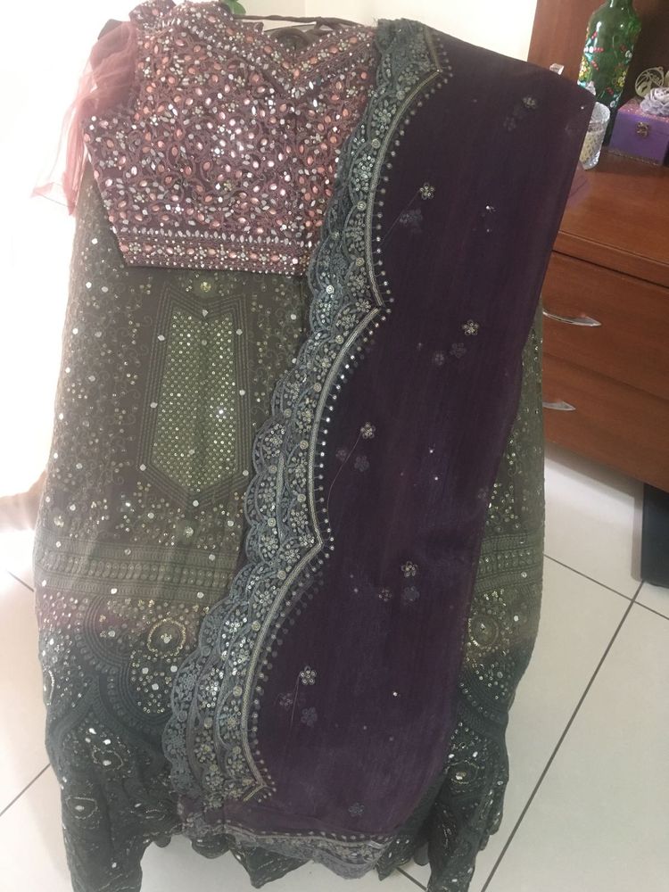 Mauvish Brown Lucknowi Chikenkari Lehenga