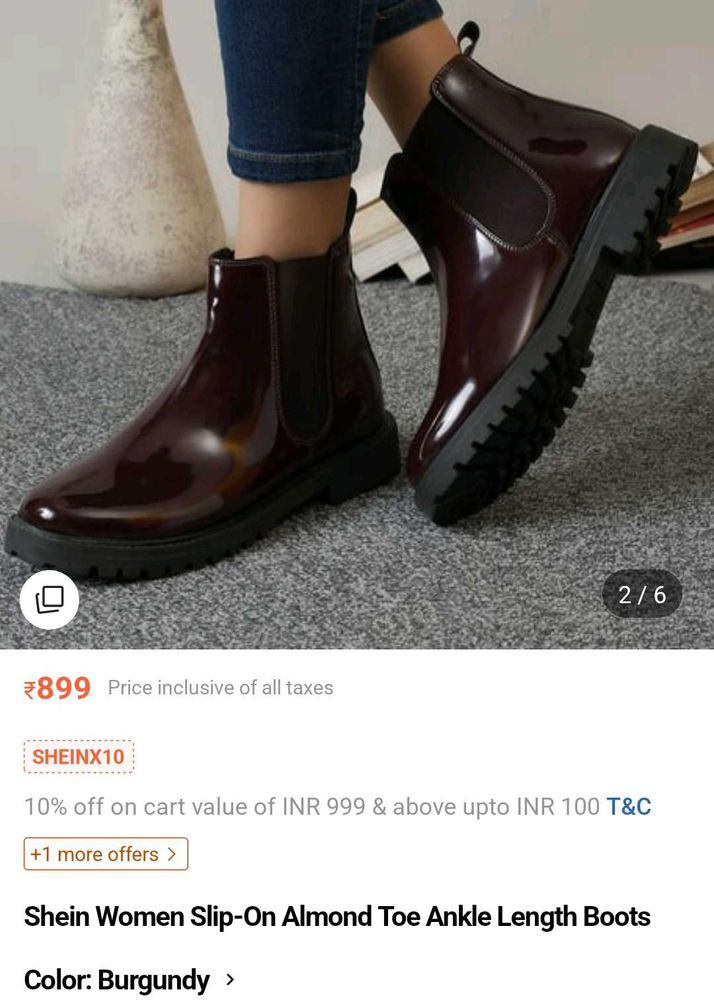 Burgundy Slip-On Almond Toe Boots