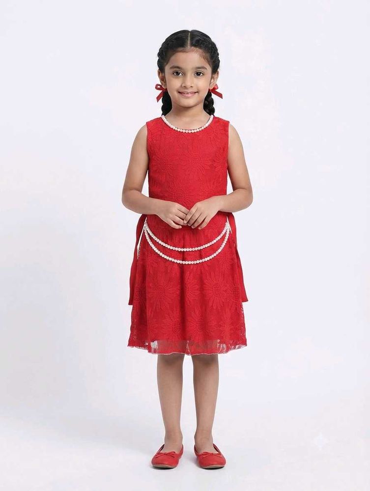 Red Lace Pearl Frock for kids
