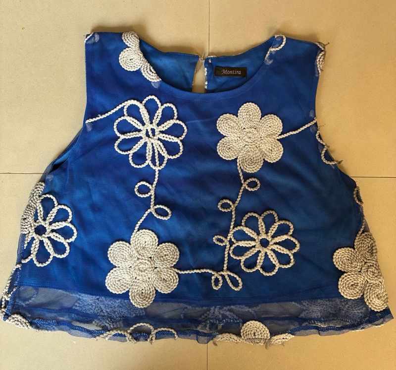 Blue Floral Crochet Sleeveless Top