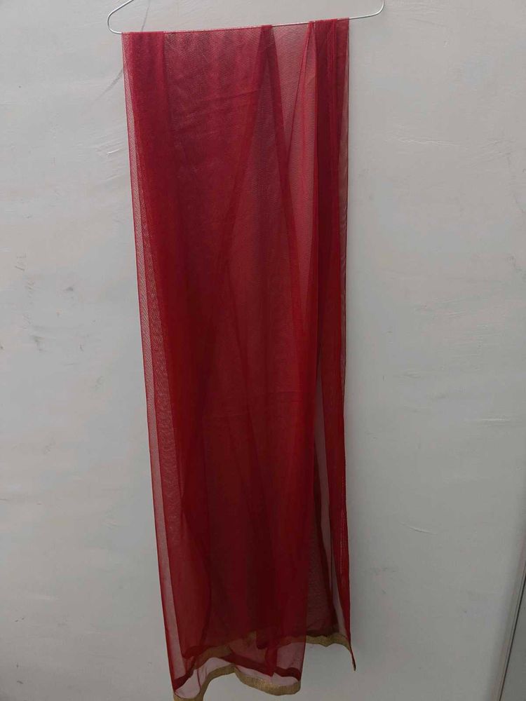 Red Net Dupatta with Golden Border