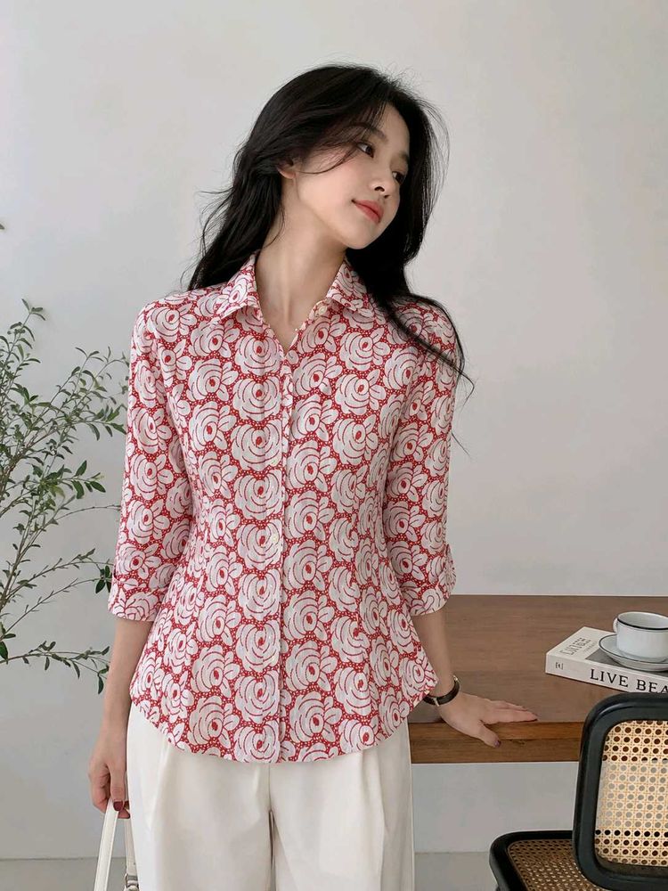 Red Floral embroidered Button-Up Shirt 🎀