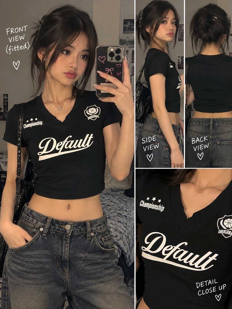 y2k FYK Black Graphic Cropped T-Shirt