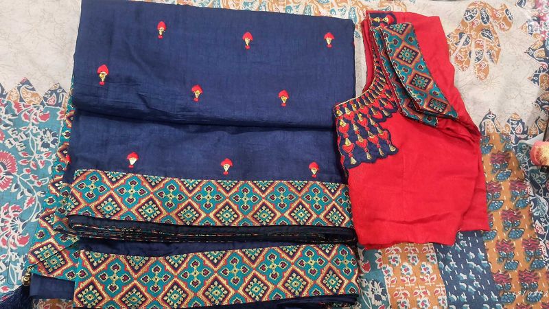 Beautiful Navy Blue Saree with Red Blouse